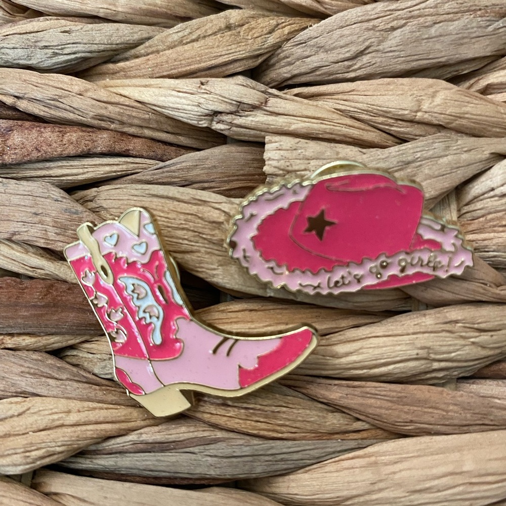 SALE! Let’s Go Girls! Pink Glitter Cowgirl Boot & Hat Collectible Enamel Pin Set